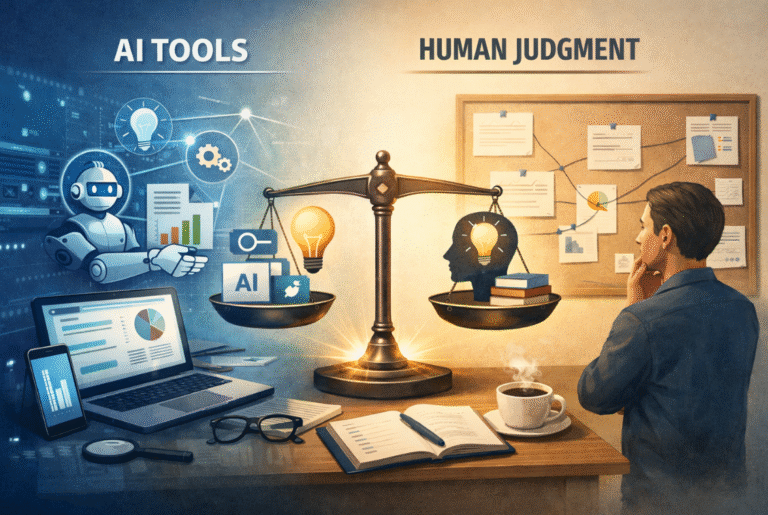 Illustration showing AI tools supporting marketing decisions without replacing human judgment