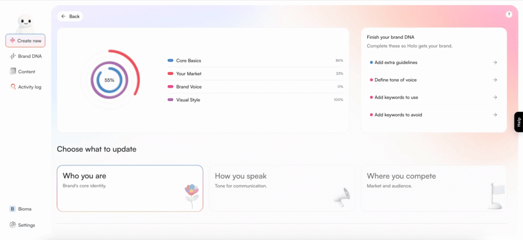 Holo AI Brand DNA setup — how it learns your brand automatically