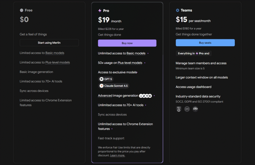 Merlin AI pricing 2026 — free plan, Pro at $19 per month annually, Teams plan