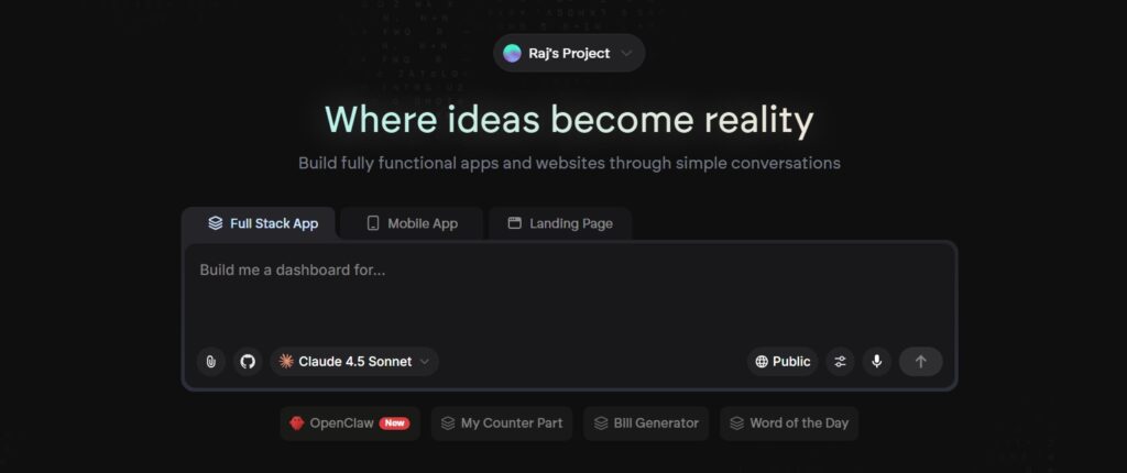 Emergent AI builder interface 2026 — describe your app and watch it get built by AI agents