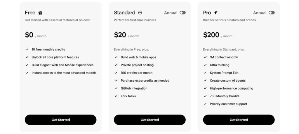 Emergent AI pricing 2026 — free plan, Standard $20 per month, Pro $200 per month