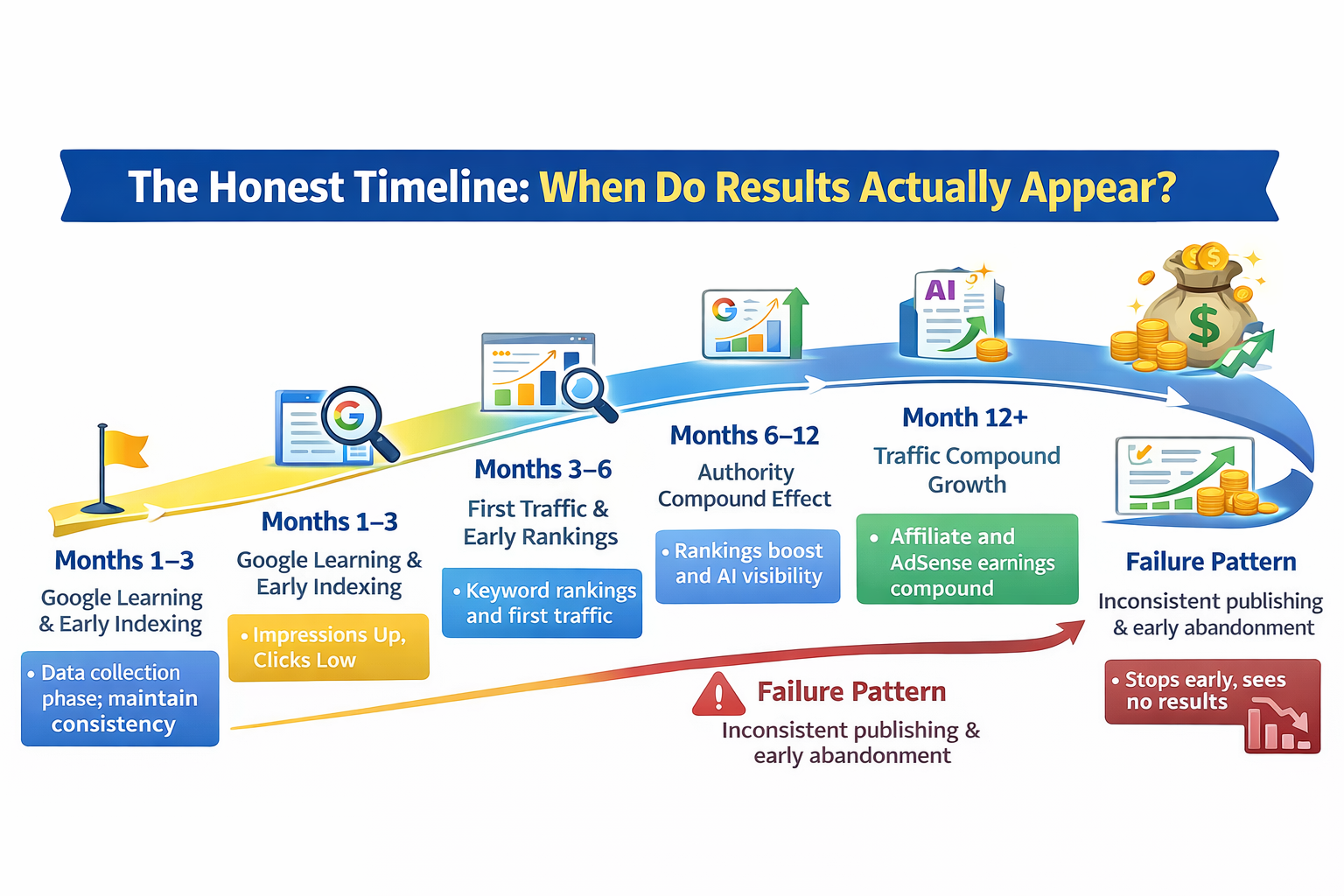 SEO results timeline for new websites 2026 — realistic expectations from month 1 to month 12