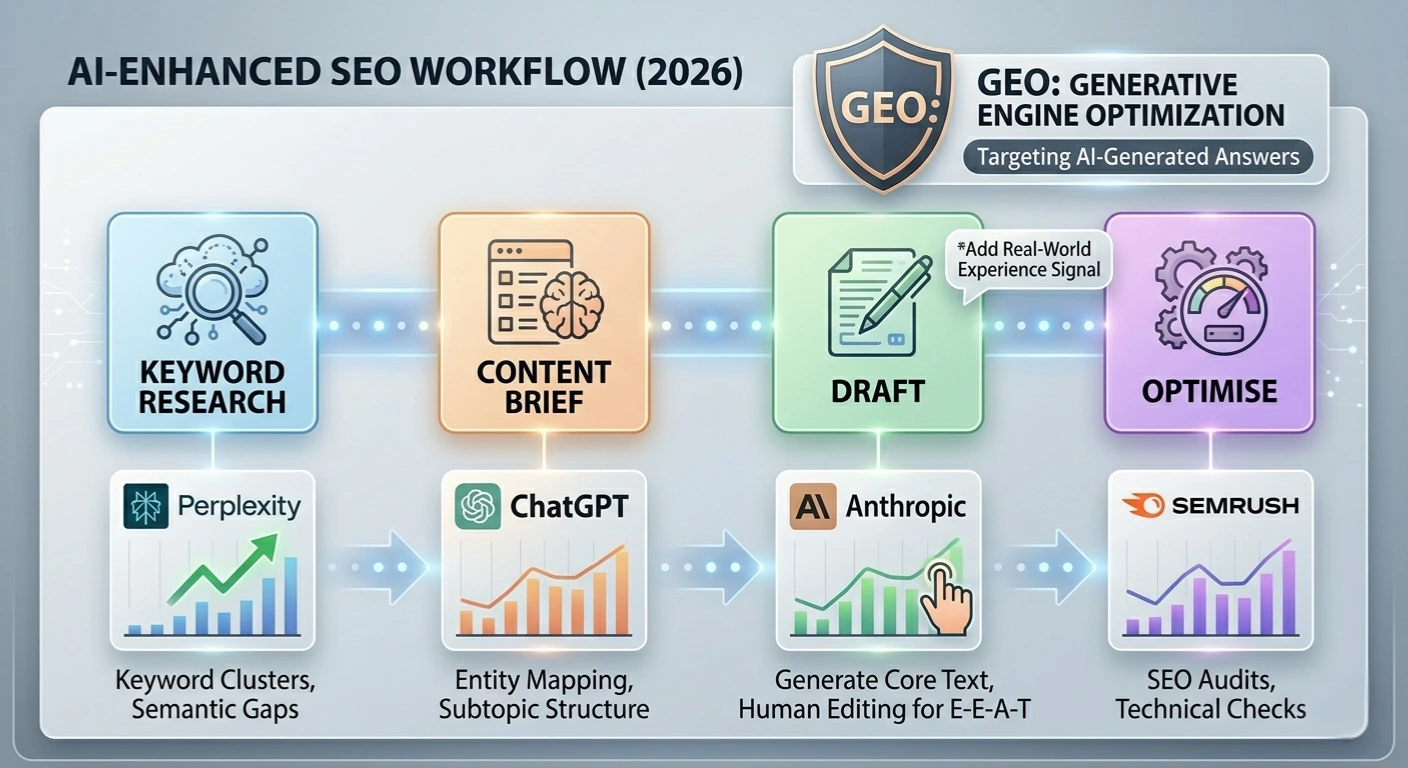 AI SEO workflow showing how to use Perplexity ChatGPT Claude and Semrush at each stage of content creation for SEO in 2026