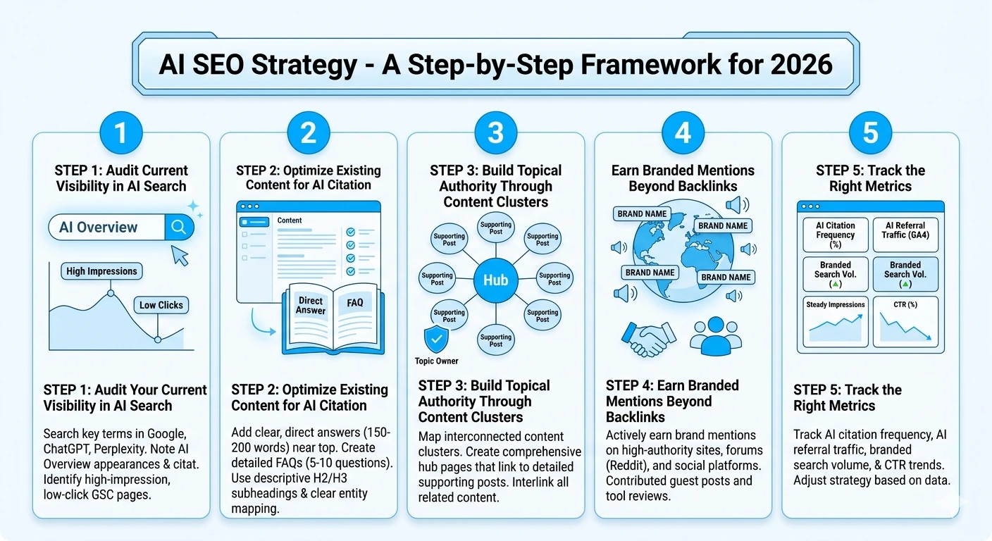 Five-step AI SEO strategy framework for 2026 - audit visibility, optimise for citation, build topical clusters, earn branded mentions, track new metrics
