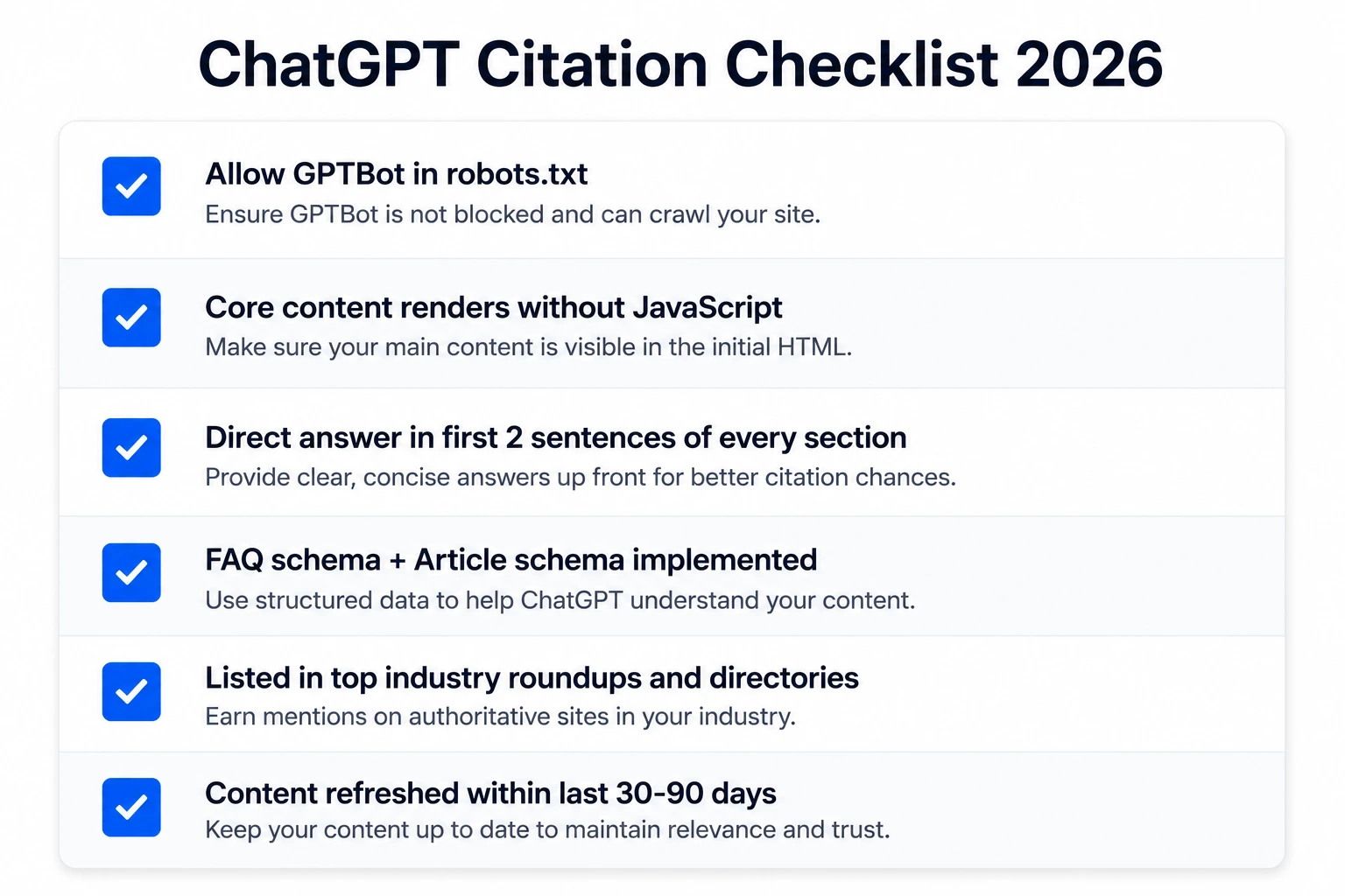 ChatGPT citation checklist 2026 six essential steps to get your website recommended in ChatGPT answers including technical setup content structure and off-site presence
