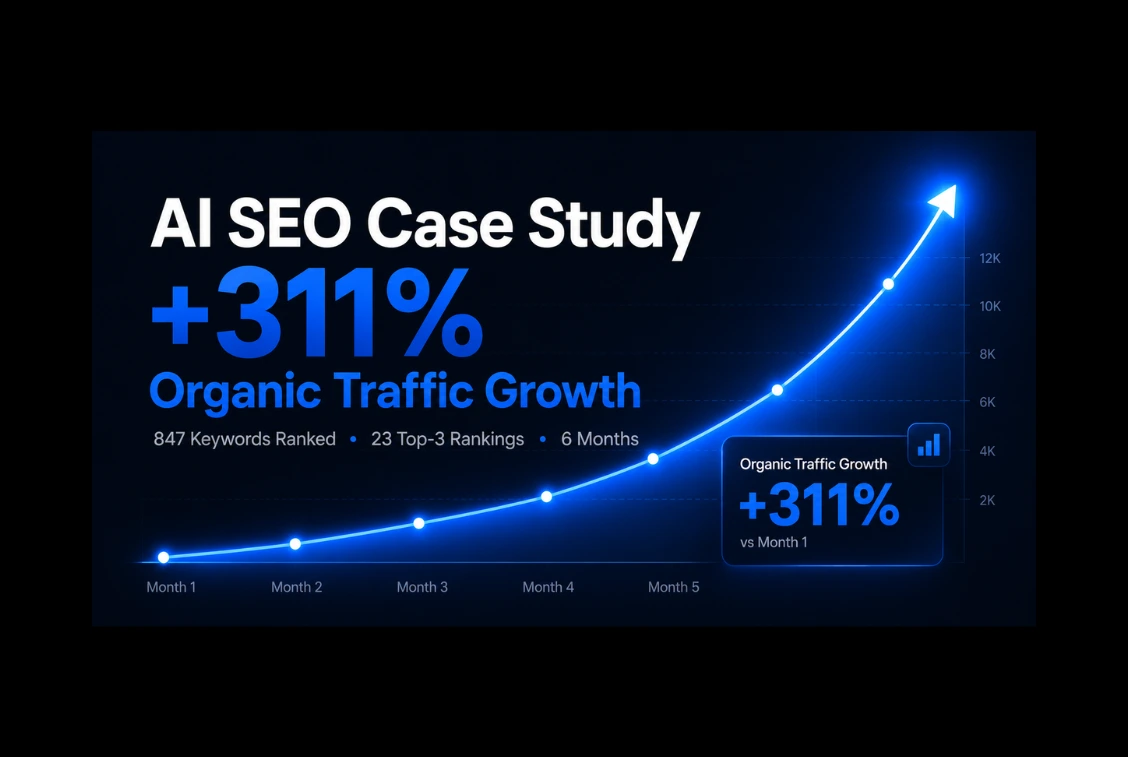 AI SEO case study showing 312% organic traffic growth in 6 months using AI assisted content workflow without traditional long-form writing process