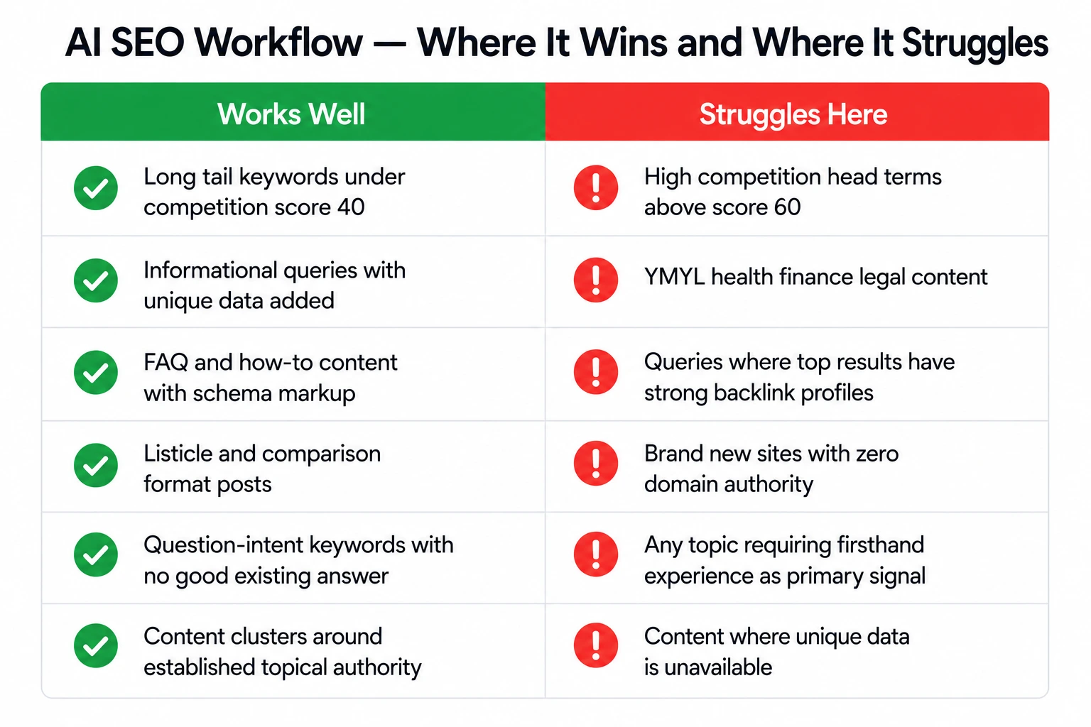 Two column comparison showing where AI SEO workflow wins on long tail keywords and FAQ content vs where it struggles on high competition YMYL and backlink heavy queries