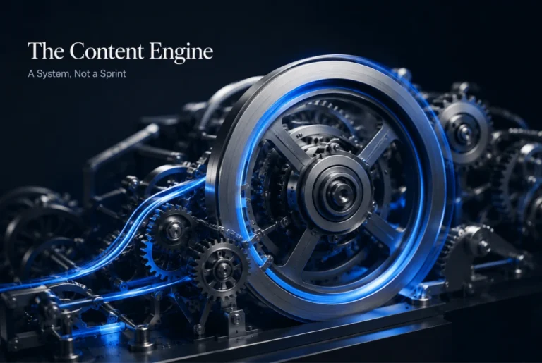 Content engine system diagram 2026 showing plan produce publish promote review cycle and the difference between consistent and sporadic publishing results