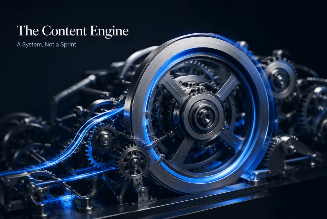 Content engine system diagram 2026 showing plan produce publish promote review cycle and the difference between consistent and sporadic publishing results