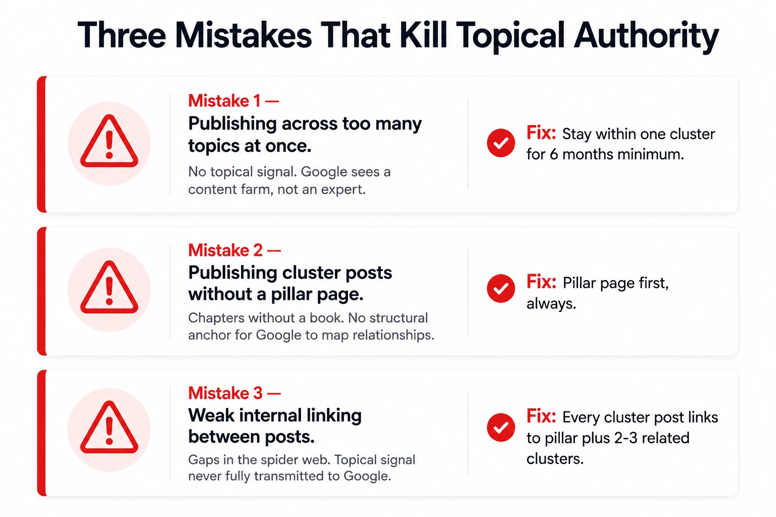 Three mistakes that kill topical authority in 2026 showing publishing across too many topics no pillar page and weak internal linking with fixes for each