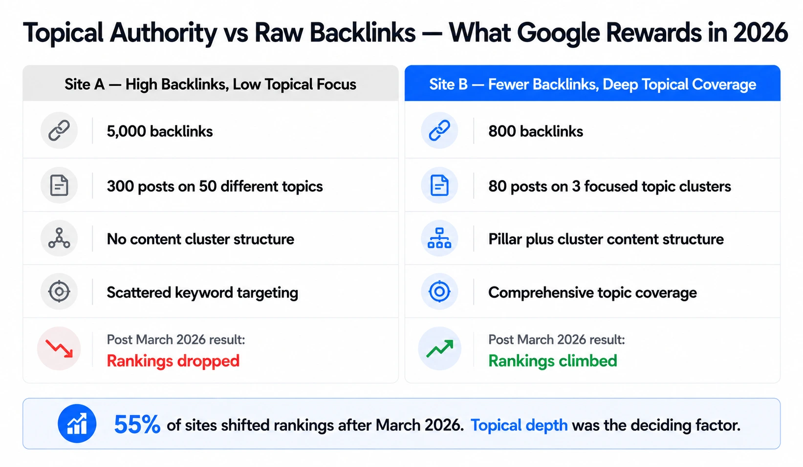 Comparison showing site with high backlinks and low topical focus losing rankings versus site with fewer backlinks and deep topical coverage gaining rankings after March 2026 Google update