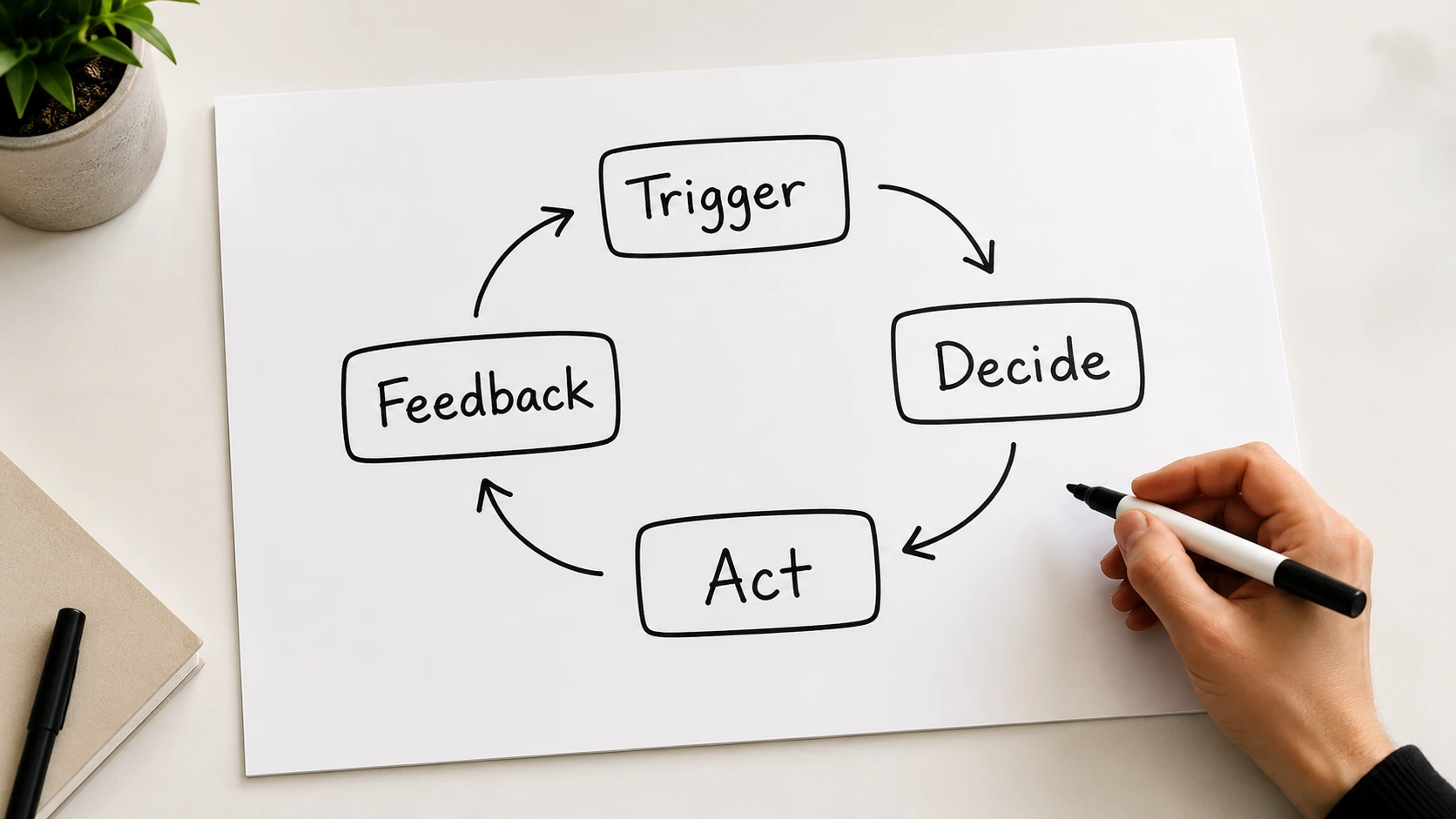 Hand-drawn flowchart showing the four-stage loop that powers an autonomous AI marketing agent including trigger decision action and feedback stages