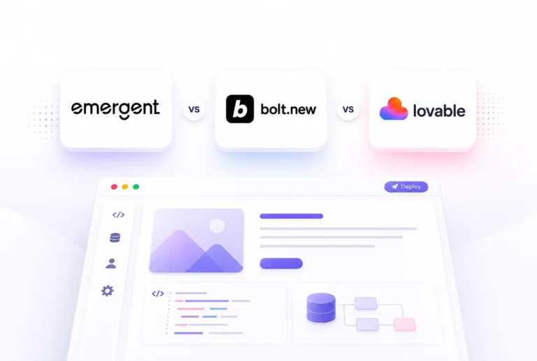 Three building blocks of different heights measured by a ruler representing the comparison of Emergent AI Bolt.new and Lovable as AI app builders in 2026