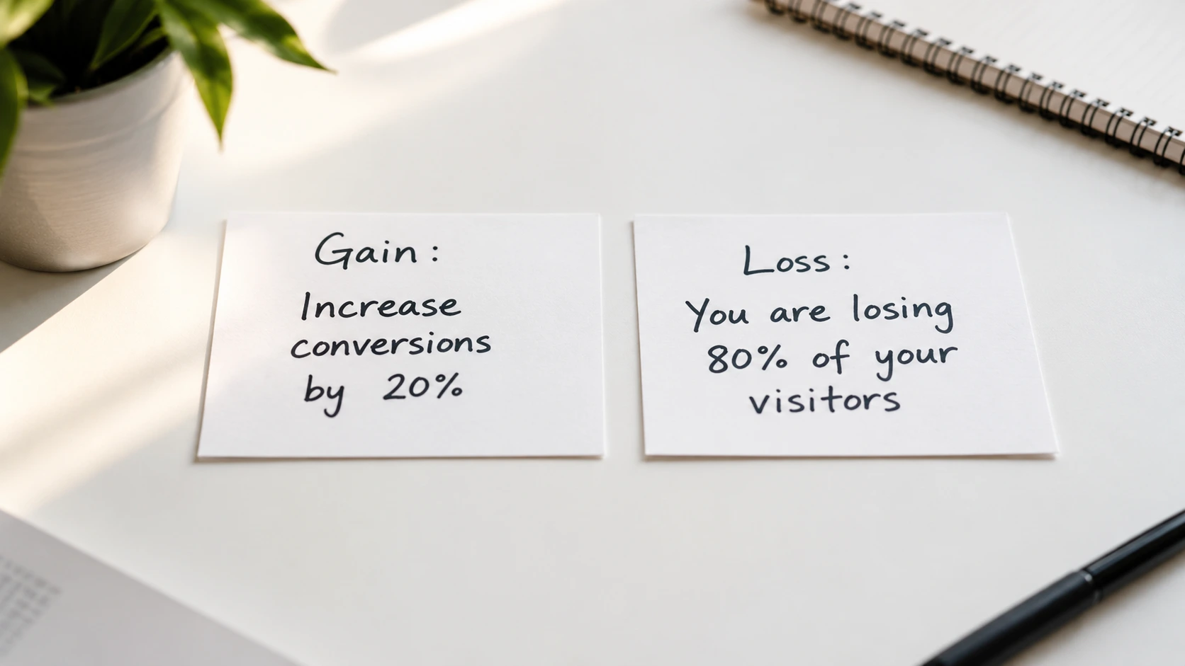 Two index cards showing gain framing versus loss framing in content marketing illustrating why loss aversion makes loss-framed content more persuasive