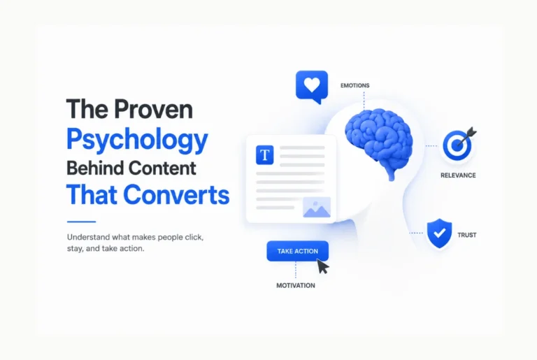 Graphic illustration showing the psychology of high-converting content, featuring a human head silhouette with a blue brain surrounded by marketing triggers like emotions, relevance, trust, and motivation.