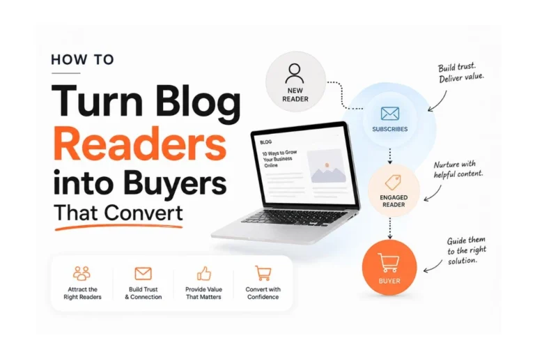 Blog conversion funnel guide 2026 showing reader to subscriber to buyer stages with statistics on blog content influence and conversion rates
