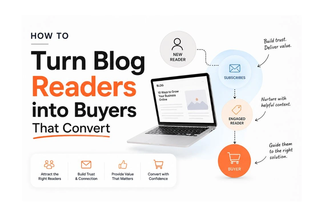 Blog conversion funnel guide 2026 showing reader to subscriber to buyer stages with statistics on blog content influence and conversion rates