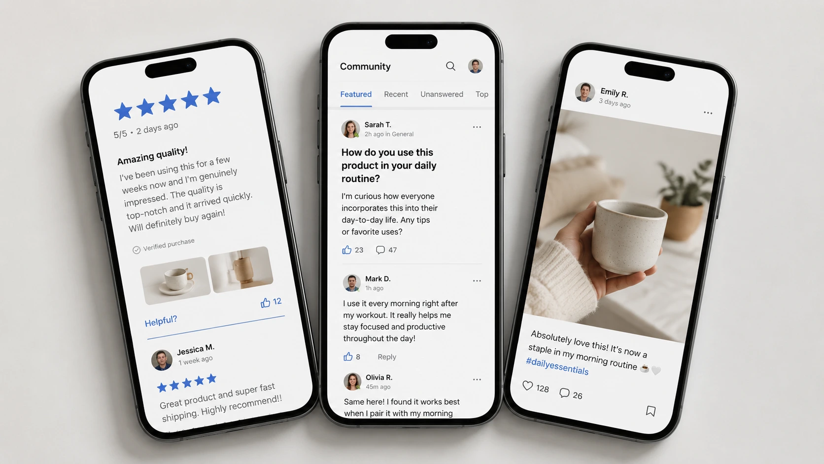 Three types of user generated content for SEO showing customer reviews community forum threads and user photos as the highest performing UGC formats for rankings in 2026