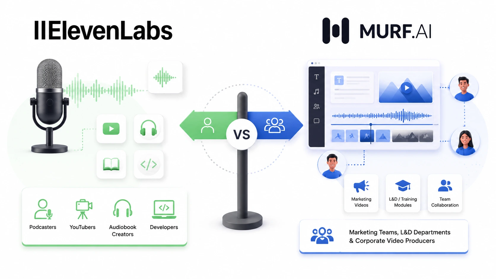 Two arrows pointing in the same direction representing ElevenLabs and Murf AI as different paths to the same destination of AI voice production suited to different users