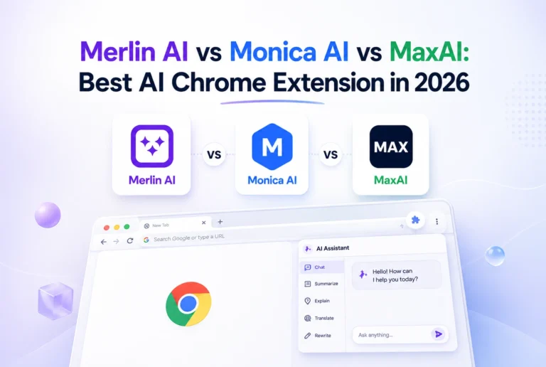 Three AI Chrome extensions compared side by side showing Merlin AI Monica AI and MaxAI features pricing and use cases for content creators and marketers in 2026