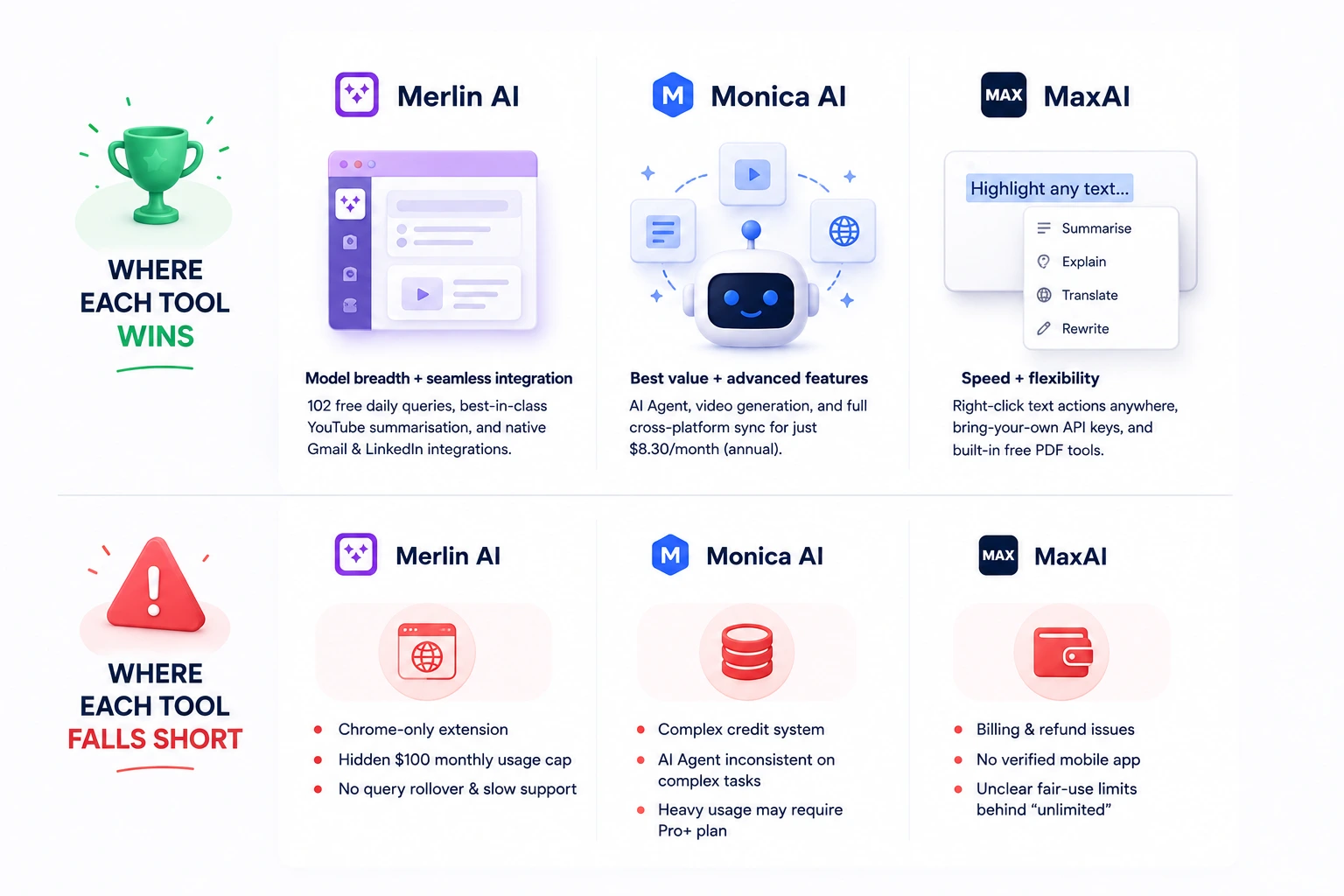Three pricing receipts showing Monica AI at 9.90 dollars MaxAI at 12 dollars and Merlin AI at 19 dollars with value indicators comparing what each price delivers