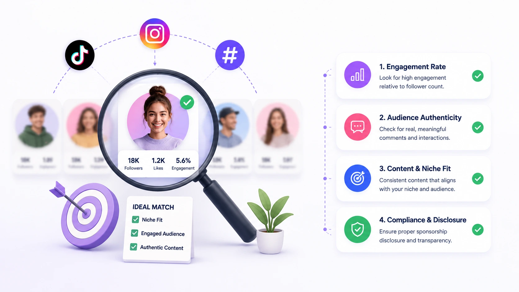 Magnifying glass over a grid of cards focusing on one selected card representing the process of finding and vetting the right micro-influencers for an affiliate marketing programme