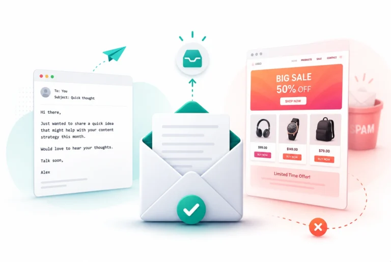 Plain white envelope with checkmark versus designed colourful envelope representing why plain-text emails get better deliverability than HTML templates in 2026
