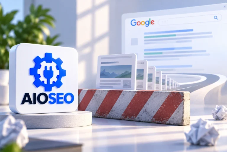 Printed report with a green checkmark and a flat traffic graph representing the frustrating reality of having a perfect AIOSEO score but zero rankings in 2026