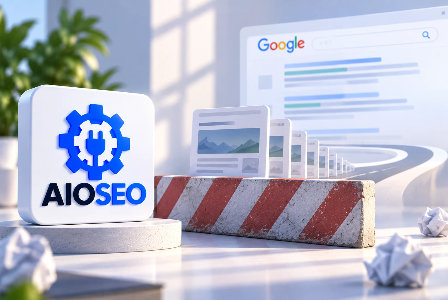 Printed report with a green checkmark and a flat traffic graph representing the frustrating reality of having a perfect AIOSEO score but zero rankings in 2026