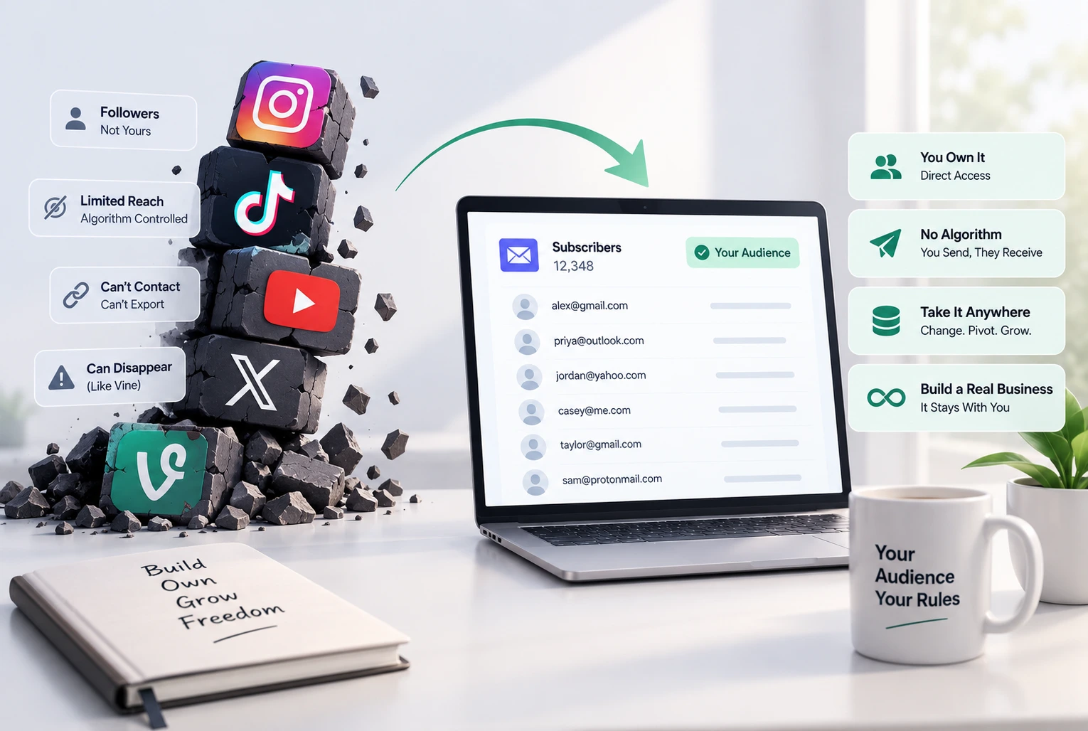 USB drive and business cards representing an email list as portable owned data versus the unportable nature of social media followers