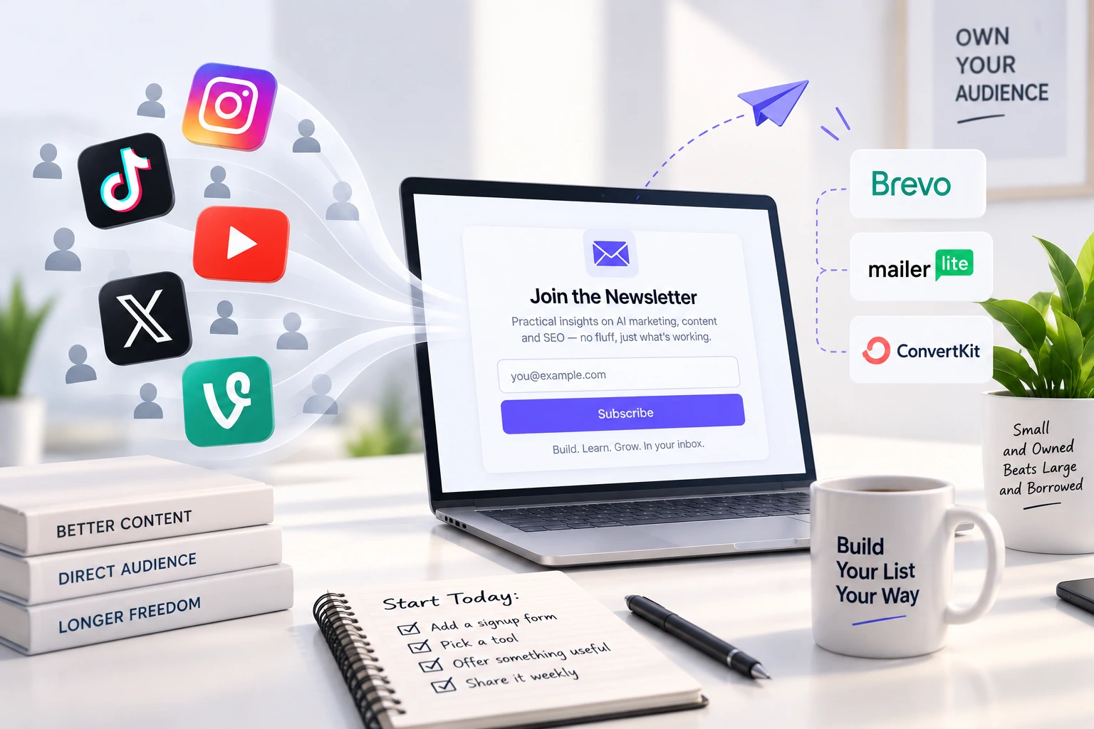 Small seedling growing through soil representing an email list that starts small but is owned and grows consistently unlike borrowed social media followers